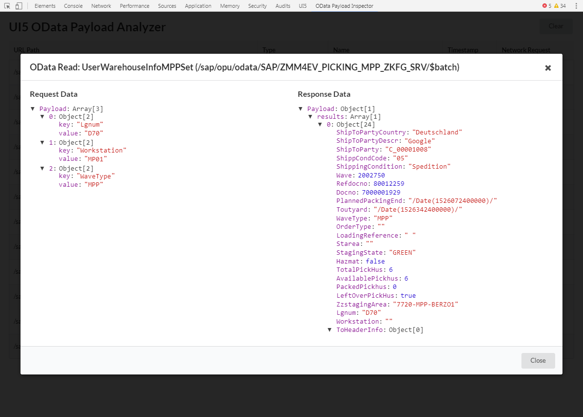 Example detailed view of an OData read